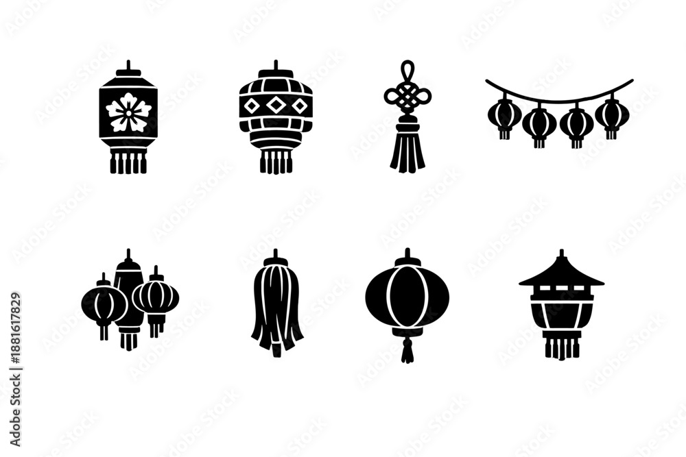 Naklejka premium Festival lantern decorations. Filled icon set of Festival lantern decorations: floral lantern, patterned