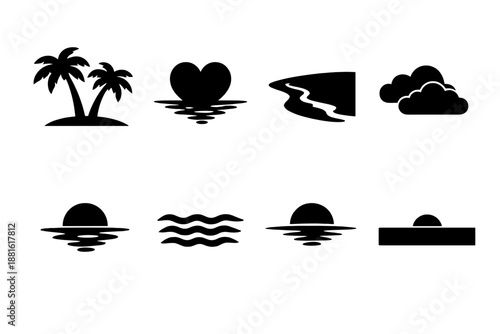 Romantic beach sunset. Filled icon set of Romantic beach sunset: twin palms, heart sun reflection, smooth