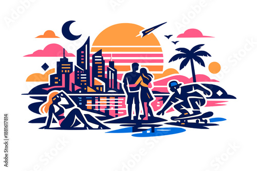 Sunset cyber coast city. Neon-lit skyscrapers against glowing tropical sunset, reflections on water and glass.