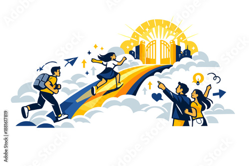 Rainbow bridge to city of light. A rainbow forming a bridge over clouds, leading directly into radiant golden