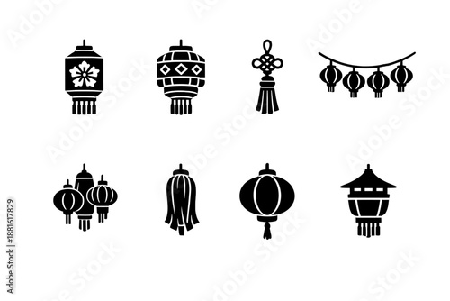 Festival lantern decorations. Filled icon set of Festival lantern decorations: floral lantern, patterned