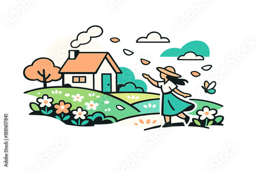 Spring pastel countryside. A small house among flowering meadows, petals drifting softly on