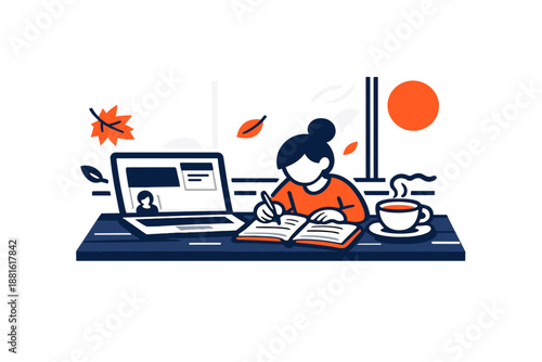 Autumn café workspace. Laptop, notebook, and coffee cup on a wooden table near window with