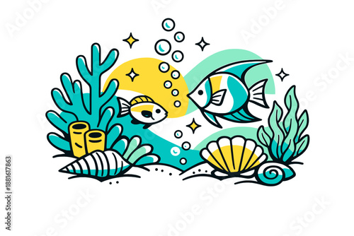 Summer reef fantasy. Tropical corals, shells, and sea plants swaying gently, bubbles rising