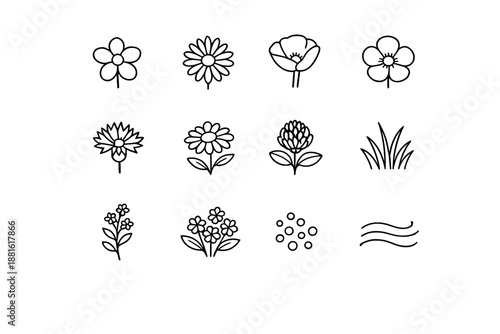 Meadow full of wildflowers. Line outline icon set of Meadow full of wildflowers: wildflower