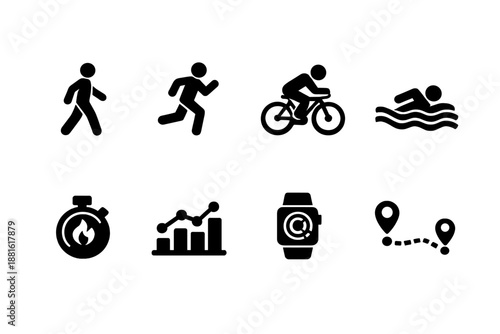 Activity monitoring. Filled icon set of Activity monitoring: walking icon, running icon,