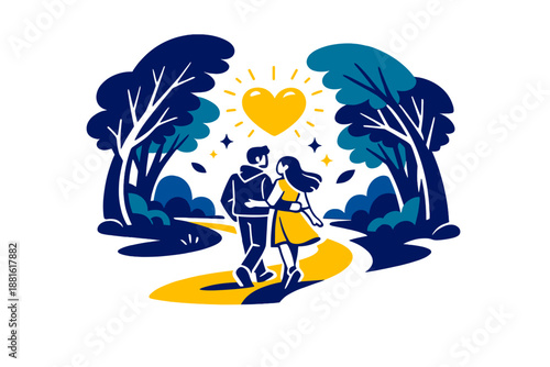 Forest enchantment. Lovers walking along a winding path, heart-shaped light floating above