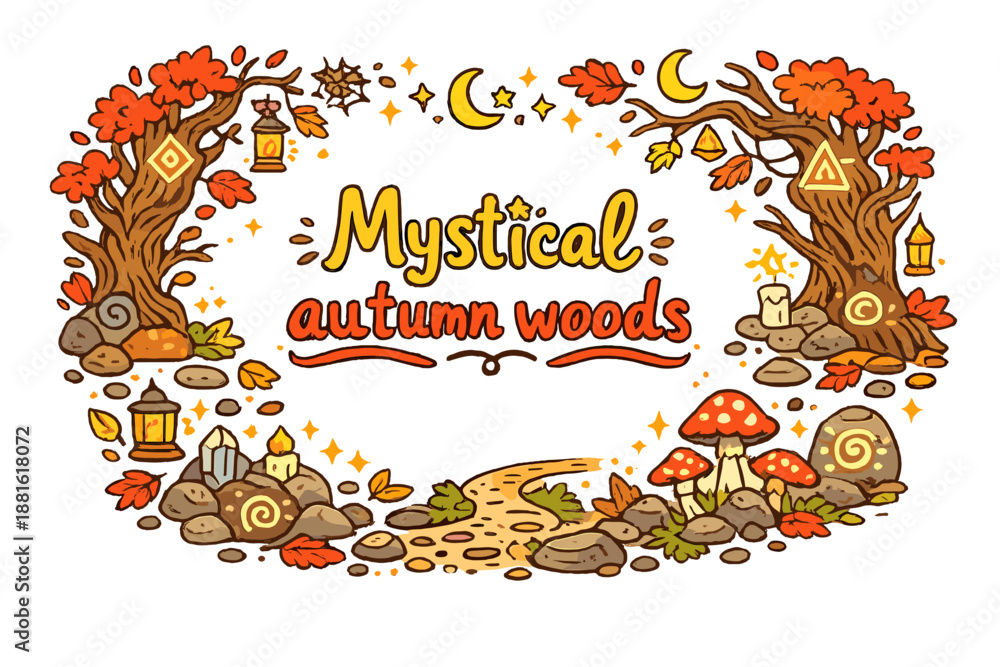 Obraz premium Mystical Autumn Forest. Mystical autumn woods. Hand-drawn doodle illustration of Mystical autumn woods.