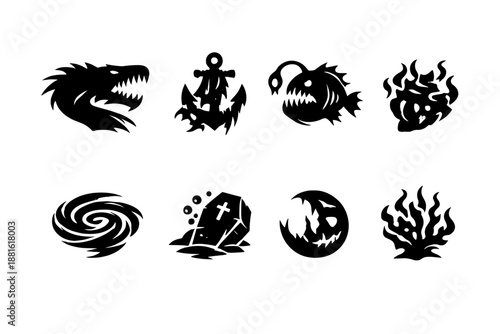 Haunted deep sea theme. Filled icon set of Haunted deep sea theme: leviathan shadow, ghost anchor, lantern