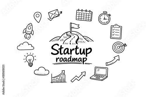 Startup roadmap. Hand-drawn doodle illustration of Startup roadmap. In the middle, one slightly larger central
