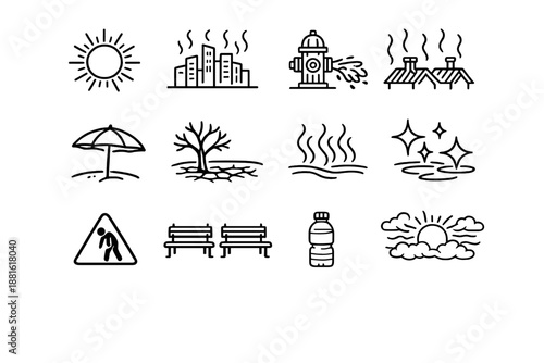 Summer city heat. Line outline icon set of Summer city heat: summer sun, city skyline glare, open hydrant, hot
