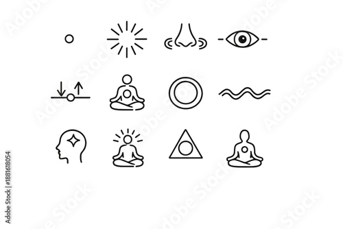 Awareness and presence. Line outline icon set of Awareness and presence: present moment dot, awareness lines,