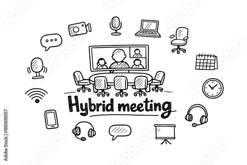 Hybrid meeting. Hand-drawn doodle illustration of Hybrid meeting. In the middle, one slightly larger central