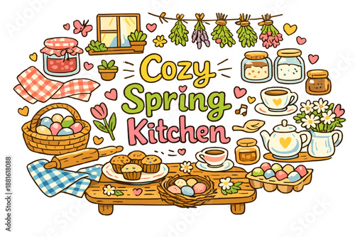 Cozy Spring Kitchen. Hand-drawn doodle illustration of Cozy Spring Kitchen. cottage kitchen,