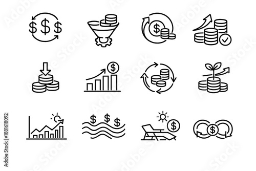 Passive income. Line outline icon set of Passive income: money flow arrows, income stream, automated growth,
