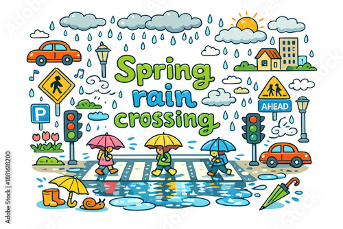 Spring rain crossing. Hand-drawn doodle illustration of Spring rain crossing. crosswalk stripes, umbrellas,
