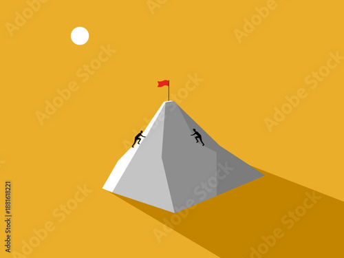 Two businessmen compete to climb to the top of the mountain and claim the victory flag.