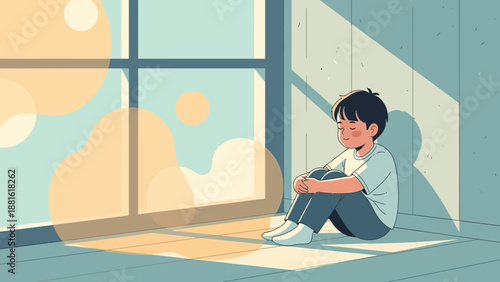 Sad boy sitting by window alone.