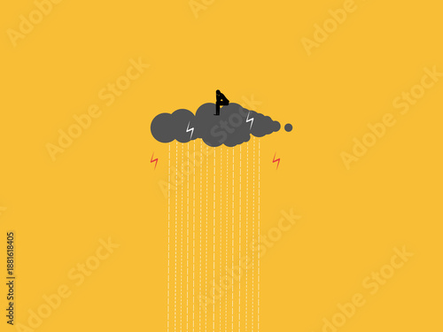 businessman sat distressed and sad on a cloud amidst the rain
