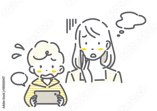 スマホを使う子どもを心配するお母さん　シンプルでお洒落な線画イラスト