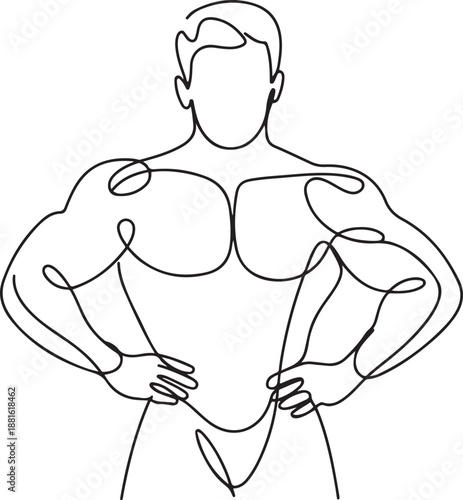 One continuous line drawing young strong model man bodybuilder posed.one line vector illustration with out background