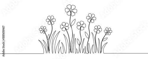 A group of stylized wild flowers and grass, symbolizing spring, a meadow, and natural landscape. Drawing in one line art style with editable black stroke. Vector illustration.