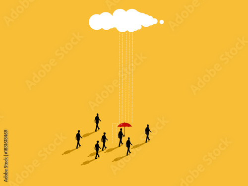 Businessmen in the crowd are holding umbrellas to shield themselves from the rain