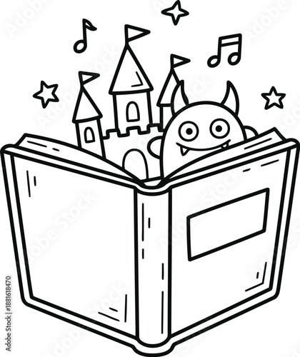 An open book revealing a magical castle, a friendly monster, and musical enchantment isolated on white background