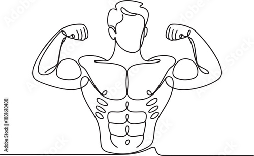One continuous line drawing young strong model man bodybuilder posed.one line vector illustration with out background