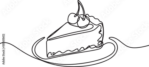 Continuous one line drawing cherry cheesecake cut on a small round plate.one line vector illustration with out background