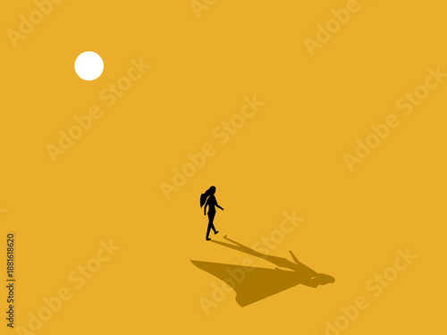 strong businesswoman walks with determination, accompanied by the shadow of hero..