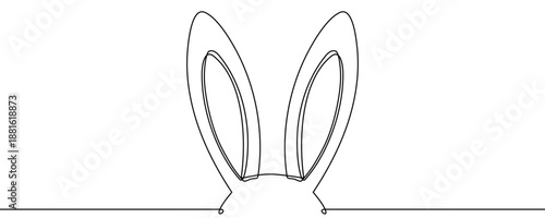 Rabbit or bunny ears peeking up from the bottom, symbolizing Easter, spring, and nature. Drawing in one line art style with editable black stroke. Vector illustration.