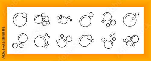 Bubble set icon. Circle, soap, foam, fizzy, abstract, multiple sizes, floating, pattern, cleaning, wash, splash, round, bath, playful