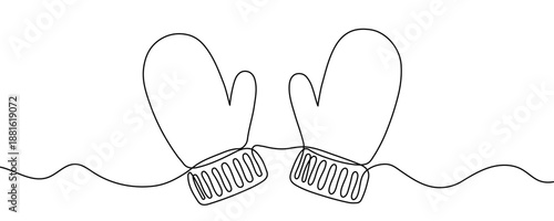 One continuous line of a pair of warm winter mittens. Line art of knitted gloves. Drawing in one line style with a black stroke. Vector illustration.