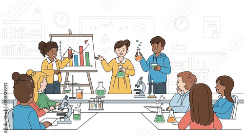 Students in lab coats working together 1.