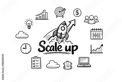 Scale up. Hand-drawn doodle illustration of Scale up. In the middle, one slightly larger central doodle