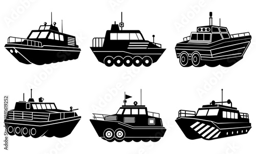 Six Black and White Boat Silhouettes on Transparent Background