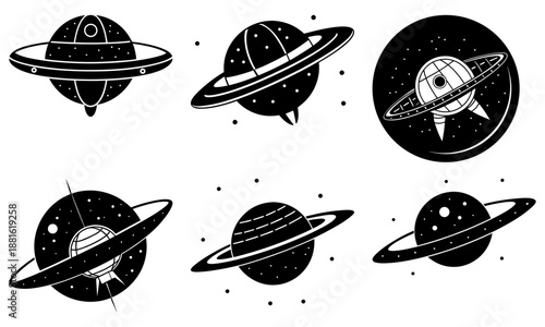 Six Space Station and Planet on White Background satellite orbit