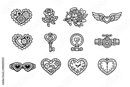 Steampunk Valentine’s Day. Line outline icon set of Steampunk Valentine’s Day: gear heart, clockwork rose,