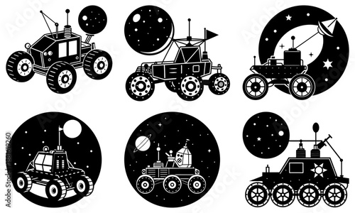 Six Space Rover Vehicles with Celestial Backgrounds on White Background moon stars
