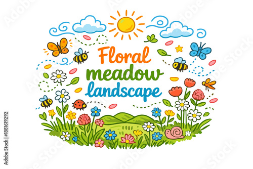 Floral meadow landscape. Hand-drawn doodle illustration of Floral meadow landscape. mixed wildflowers, grass
