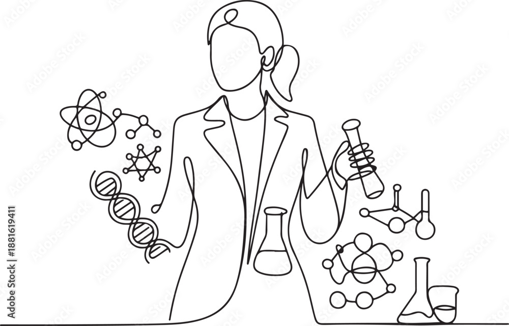 Fototapeta premium Single one line drawing female scientist surrounded by scientific symbols. Symbolizing knowledge.one line vector illustration with out background
