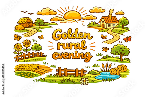Golden rural evening. Hand-drawn doodle illustration of Golden rural evening. glowing sky,
