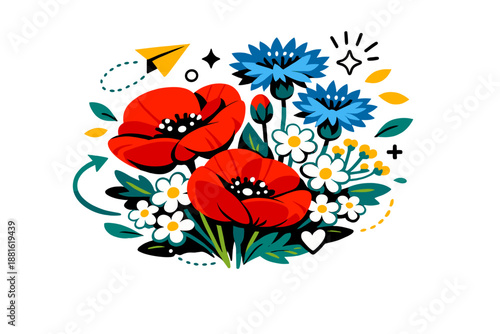 Spring wildflower cluster. Poppies, cornflowers, and small blossoms overlapping naturally, petals drifting