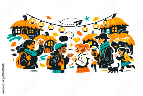 Pumpkin village main street. Lanterns hanging between pumpkin homes, villagers walking and chatting, leaves