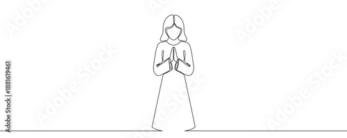 One continuous line of a praying woman. Line art of a female figure with hands folded in prayer. Drawing in one line style with a black stroke. Vector illustration.