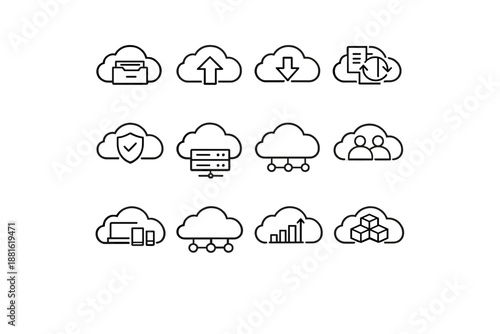 Cloud-based work. Line outline icon set of Cloud-based work: cloud storage, upload arrow, download arrow,