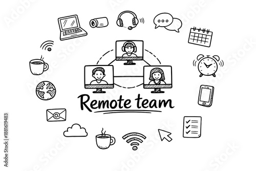 Remote team. Hand-drawn doodle illustration of Remote team. In the middle, one slightly larger central doodle