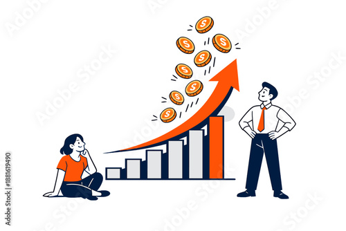 Investment growth. Rising bar chart transforming into upward arrow, coins floating upward as momentum builds.