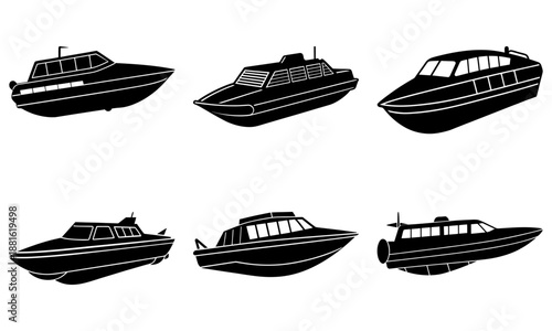Six Black Speedboat Silhouettes on White Background